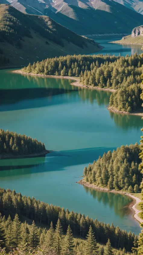 A serene landscape shot of a mountain lake, utilizing a telephoto lens to capture the ultradetailed reflection of the mountain range in the crystal-clear water.