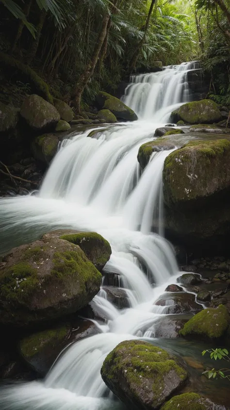 A captivating long-exposure image of a cascading waterfall in a rainforest, showcasing the silky flow of water against a backdrop of vibrant, high-detail foliage.