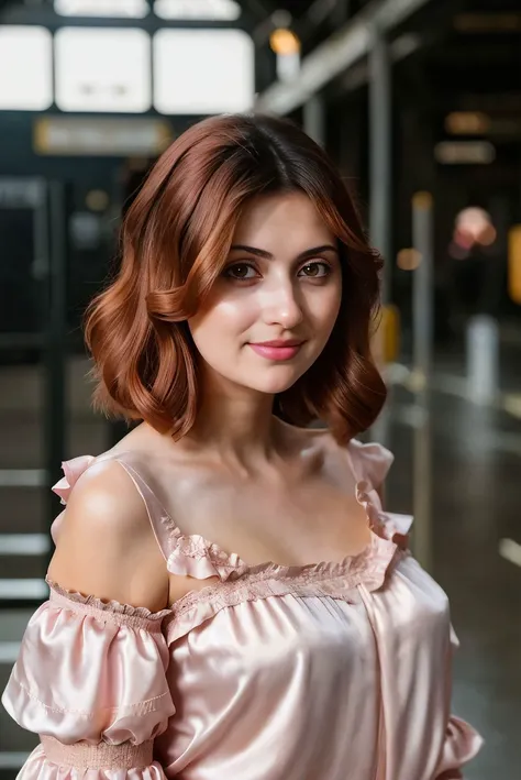 A stunning intricate full color portrait of a beautiful woman, wearing a soft pink silk blouse with ruffled sleeves, unused train station, HDR Foto, epic character composition,by ilya kuvshinov, alessio albi, nina masic,sharp focus, subsurface scattering, ...