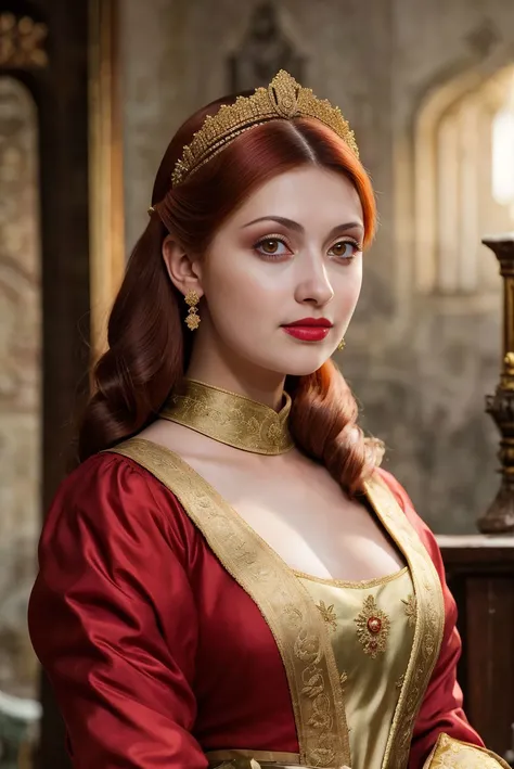 A full color portrait of a beautiful woman wearina a 15th-century royal attire, The Other Boleyn Girl movie set,lipstick,epic character composition,by ilya kuvshinov, alessio albi, nina masic,sharp focus, subsurface scattering, f2, 35mm, film grain , reddi...