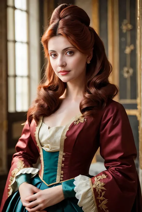 A full color portrait of a beautiful woman wearina a 18th-century French court dress, Dangerous Liaisons movie set,,epic character composition,by ilya kuvshinov, alessio albi, nina masic,sharp focus, subsurface scattering, f2, 35mm, film grain , reddish ha...