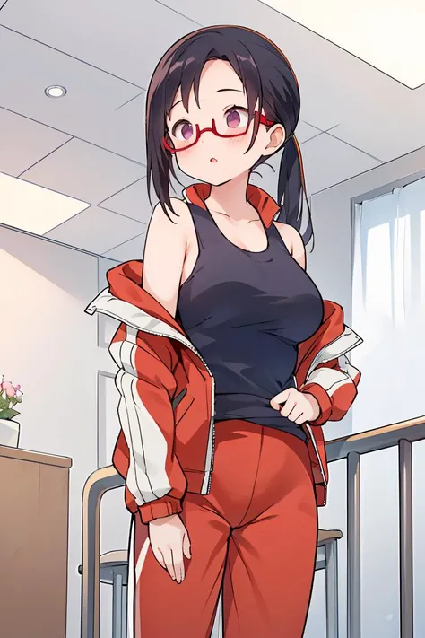 (masterpiece, best quality), 1girl,   <lora:sato:1> sato, glasses, red-framed eyewear, under-rim eyewear, blue tank top, track jacket, open jacket, track pants,