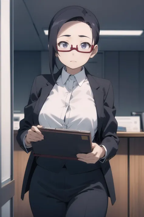 <lora:sato-000006:1> sato, glasses, red-framed eyewear, under-rim eyewear,
office lady, formal, pant suit, black suit, white shirt,
1girl, solo, cowboy shot