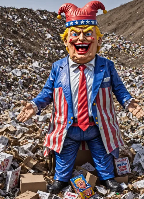 Fat and Old Donald Trump as a jackinthebox toy in a landfill, <lora:Jack-In-The-BoxXl:0.8>