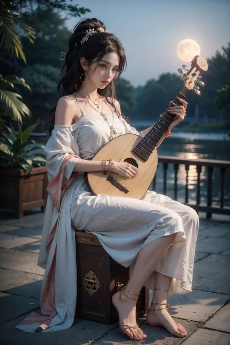 a woman in a white dress holding a guitar on a wooden bench