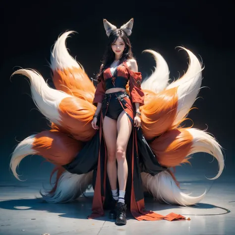 <lora:jiuwei_08:0.8>,(multiple tails:1.2),super high resolution,best quality,4k,jiuwei,1girl,fox ears,fox tail,smile,stand full body,long hair,black hair,