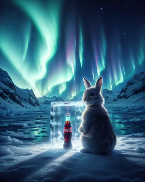 (rabbit:1.4),kekokele,solo,aurora,night,scenery,blonde hair,sky,water,Transparent bottles,glass bottle,bottle,ice cube,ice,snow,outdoors,from behind,mountain,star (sky),night sky,
Best quality,masterpiece,ultra high res,<lora:kekokele4:0.7>,