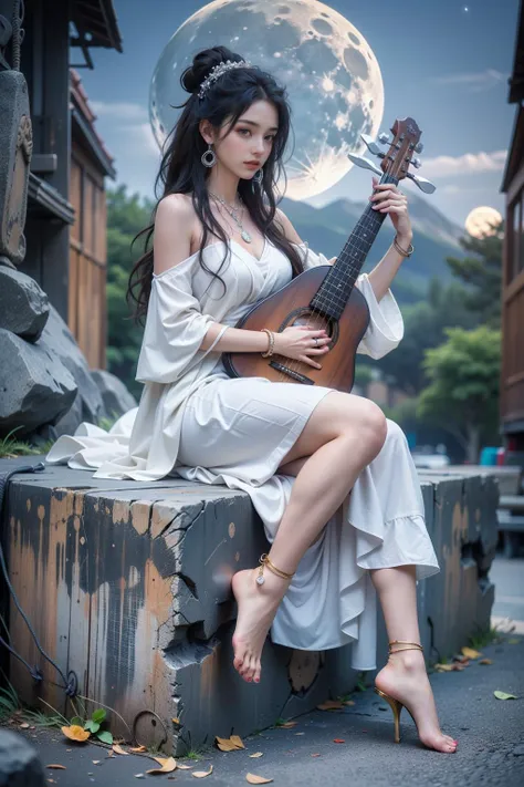 a woman in a white dress sitting on a rock with a guitar