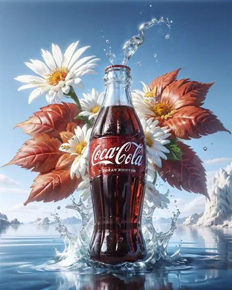 coca cola bottle with flowers splashing out of it