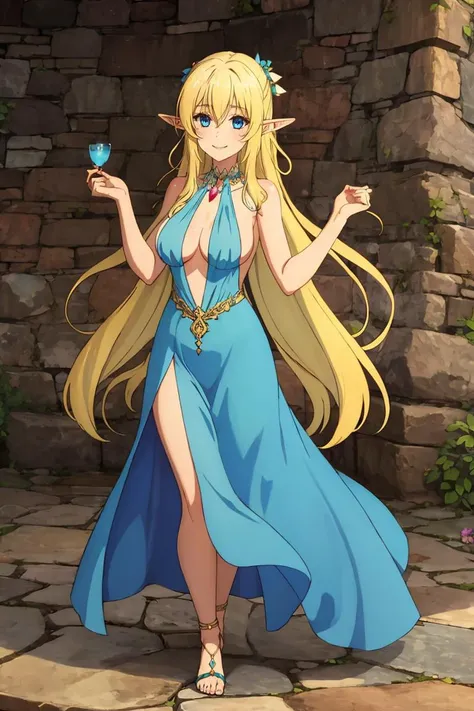 (((masterpiece))),(((best quality))),highly detailed, cinematic film,1girl,Lyrule, blonde hair,(topless:1.3), full body,2 legs,sandals,solo, hand up,very long hair,detail face,elf ears,blush, smile,blue eyeball,cross over dress, Loose Maxi Dress, Lyrules l...