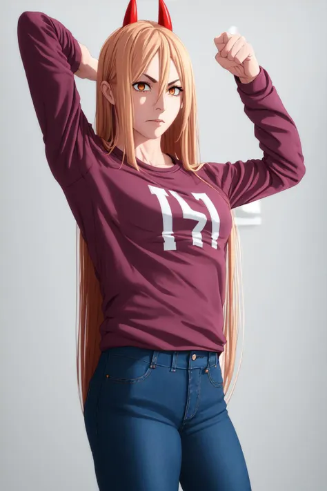 powa, outstretched arms, toned, long hair, t-shirt, small breasts, jeans, posing, horns, long hair, long sleeves, flexing, casua...