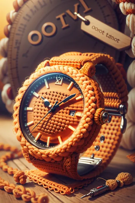 <lora:WorldofCrochet:1>, wocrochet, a watch, orange ,love text, love watermark, love logo,