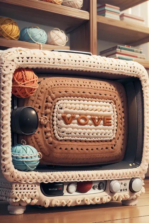 <lora:WorldofCrochet:1>, wocrochet, Television, lace edges,love text, love watermark, love logo