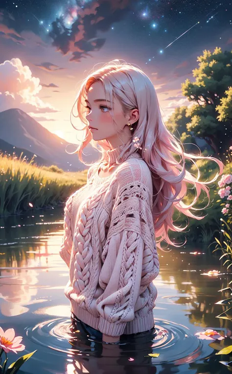 1girl,<lora:AIWorldofCrochet:0.5>,wocrochet,pink sweater,loose clothes,long hair,white theme,<lora:Style SurReal_v1.0:0.3>,surreal,beautiful and delicate water,the finest grass,very delicate light,nature,painting,water spray,breeze,flowers and grass meadow...