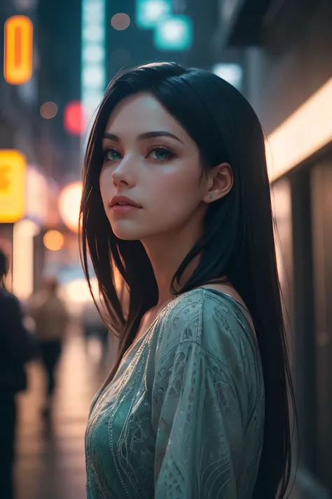 a woman with long black hair standing in a city street