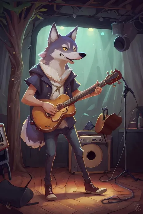 a Wild Wolf playing guitar in a club,whimsical,<lora:MODILL_PASTEL_RC_V0.01:0.4>,