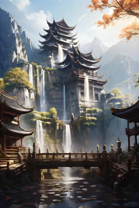 a painting of a mountain landscape with a pagoda and waterfall in the background,with a waterfall in the foreground, ZGGJZ, <lora:ä¸­å½å¤å»ºç­åºæ¯æ°å´_v1.0:0.8>