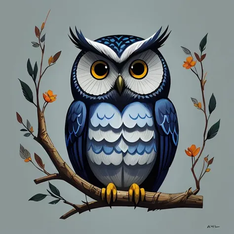 painting of a blue owl sitting on a branch with orange flowers