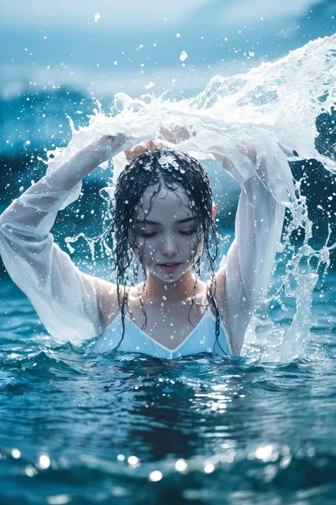 a woman in a white top is splashing water on her head