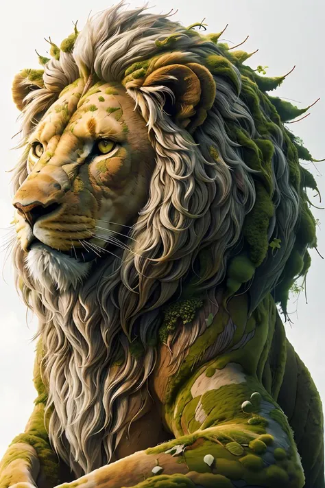 ovrgrwth, a lion made of moss on a white background,(masterpiece), best quality, realistic, (intricate:0.9), (high detail:1.4), film photography,  <lora:ral-ovrgrwth:0.8>