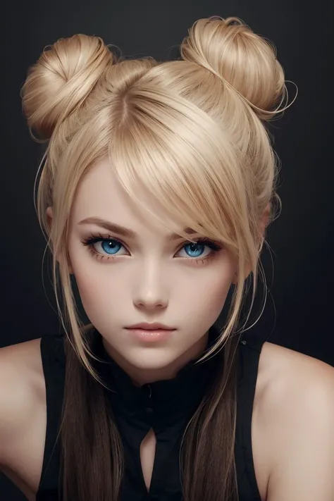 a woman with blonde hair and blue eyes wearing a black top