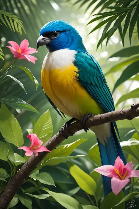 A vibrant, exotic bird perched on a branch in a lush, tropical rainforest, surrounded by vividly colored flowers and foliage. The style is digital art by Elara Mivon, characterized by rich, saturated colors and a slightly surreal, dreamlike quality, enhanc...