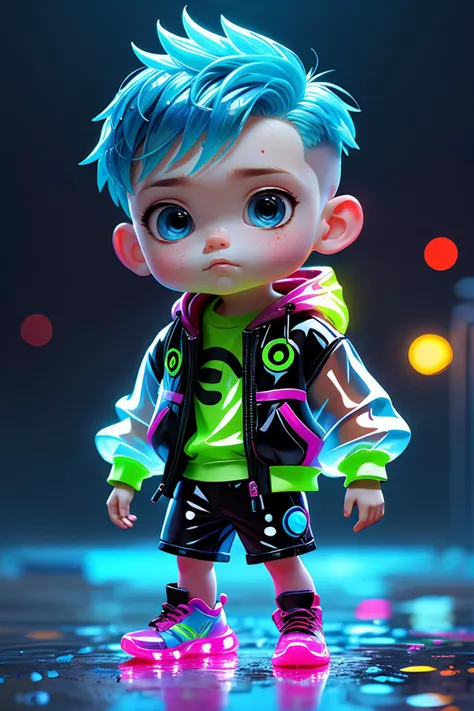 cyberpunk style,masterpiece,best quality,kacw, fluorescent translucent clothing, wearing glowing shoes, 1boy, cute, blue hair, blue eyes, long hair, black hair, full body, solo, standing, bokeh background,night,Wet ground, scattered light spots ï¼chibi<lo...