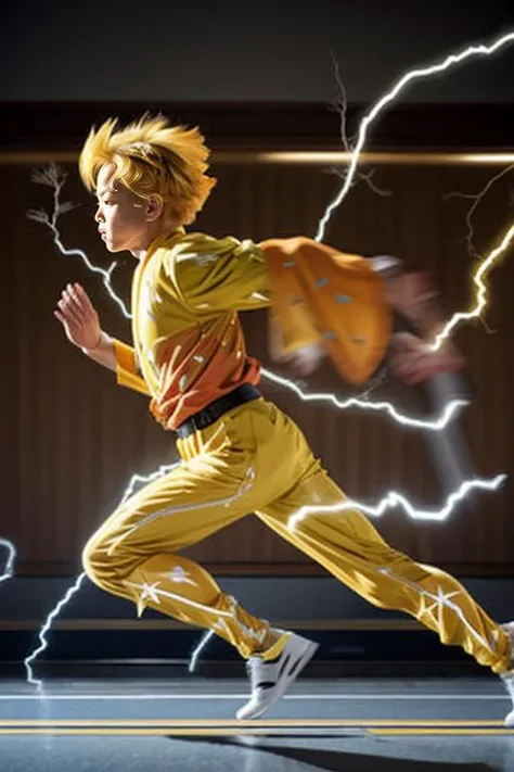 Zenitsu, wearing a yellow kimono, yellow hair, head down, running with a katana sword, ((lighting)), motion blur, (from side),(( electricity)) <lora:Zenitsu:0.9>