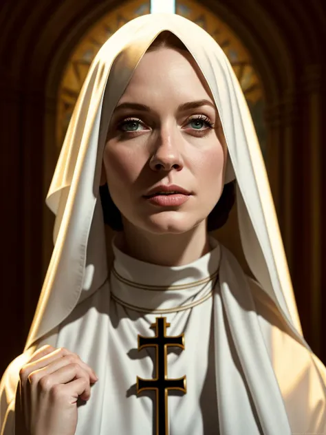 portrait of Christina Hendricks as sexy nun, bible, church, catholic, christian, intricate, headshot, highly detailed, digital painting, artstation, concept art, sharp focus, cinematic lighting, illustration, art by artgerm and greg rutkowski, alphonse muc...