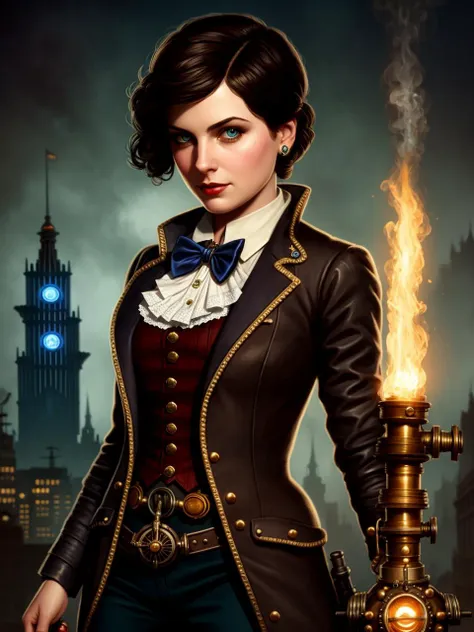 a woman in a steampunk outfit holding a torch