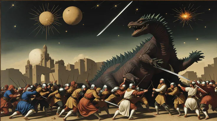 best quality, renaissance oil painting in the style of paolo uccello, 1453, constantinople, roman empire, ottomans, battle scene, swords, arrows, shields, armor, basilic, cannons, horses, on fire, godzilla attacks:1.2, epic, Meteor Shower:1.4, alien invasi...