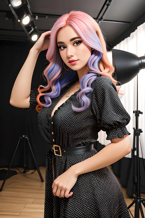 a woman multi-colored hair in a black polka dot dress with her hand on her head and her hand on her hip, ((SFW)), subject, photorealistic, hyperrealistic, hyperdetailed, uncensored, hyper realistic, realistic photography, high definition, insanely detailed...