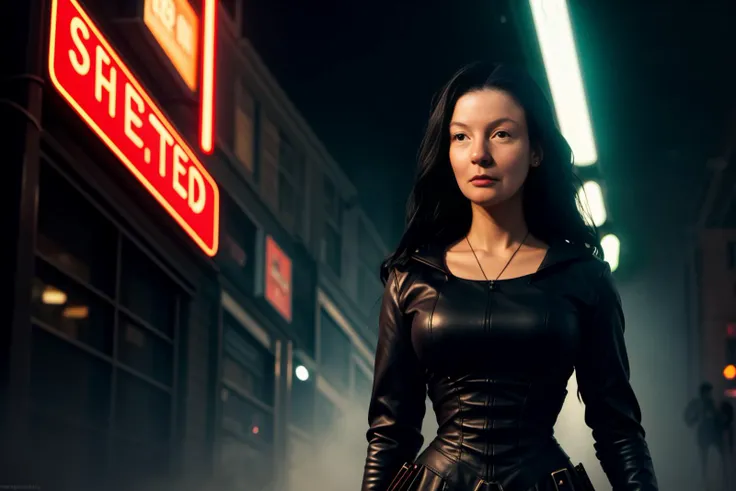 an 18 year old woman, short messy black hair, brown eyes, Trinity out of the Matrix movie franchise, steampunk dress, dynamic poses, fantasy concept art, aesthetic, symmetrical, james gurney, bouguereau, shigenori soejima, highly detailed, masterpiece, cin...