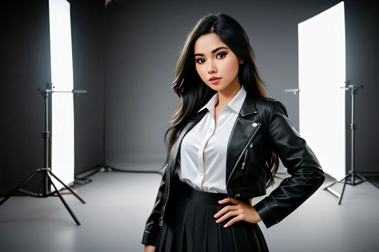 RAW photo, 1girl, formal, suit, hand on hip, skirt, black hair, pantyhose, long hair, jacket, shirt, realistic, white shirt, black jacket, looking at viewer, ((SFW)), subject, photorealistic, hyperrealistic, hyperdetailed, uncensored, hyper realistic, real...