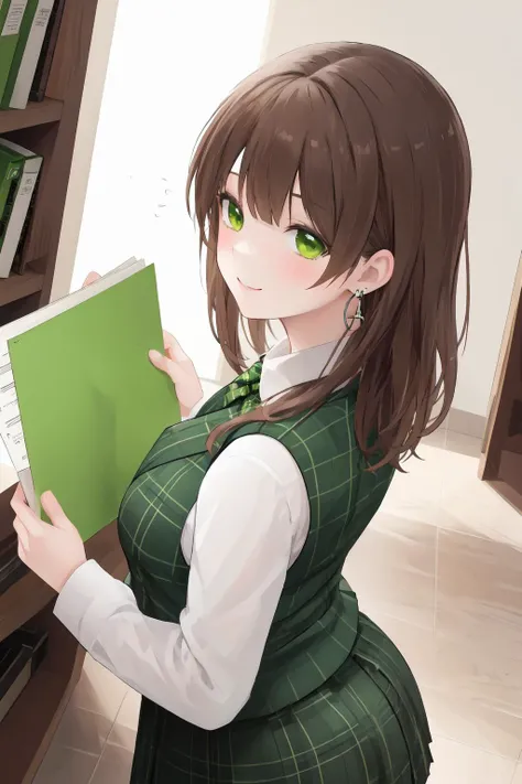 1 girl, brown hair, office lady, wearing a green plaid vest, wears green shirt, green flare skirt, earrings, brown hair, cute face, smile, blushing, gets on the step stool and take the document from the bookshelf, in the office, back view, backward, low an...