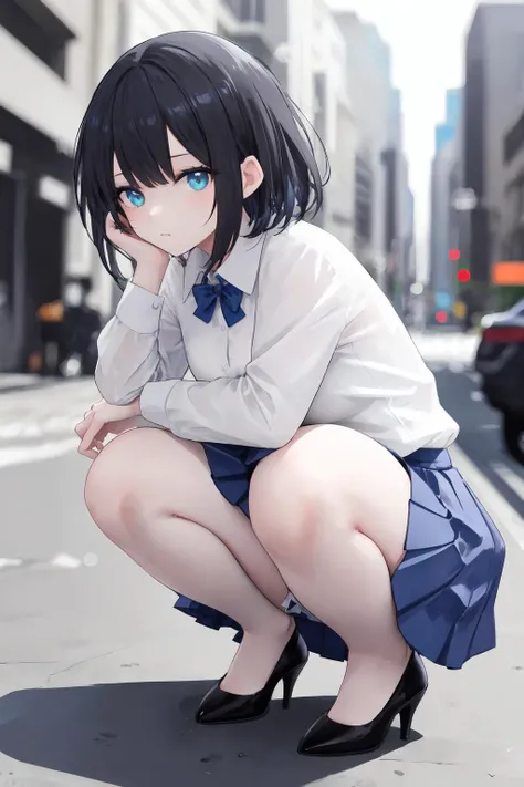 a woman is squatting on a city sidewalk in a white shirt blue skirts, 1girl, solo, skirt, black hair, high heels, shirt, blurry background, blurry, short hair