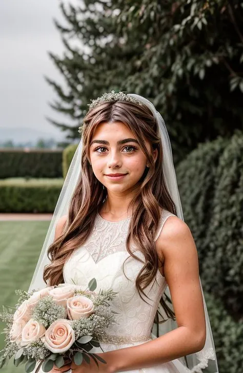 A professional wedding photo of Chaya, bashful look, holding wedding bouquet