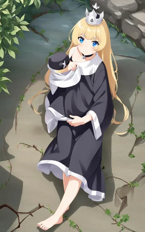 1girl <lora:gomon_hime:0.6> gomon-hime, princess, silver mini crown, flipped hair blonde hair long hair short sidelock shiny hair blunt bangs, blue eyes eyelashes thick eyebrows, toenails,  Bashful, foot focus (focus sole of foot), full body, look up to, b...