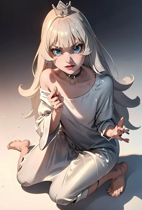 (masterpiece, best quality), 1girl,  <lora:sdxl-gomon-hime:0.8> gomon-hime, princess, silver mini crown, flipped hair blonde hair long hair short sidelock shiny hair blunt bangs, blue eyes eyelashes thick eyebrows, toenails, white shirt off shoulder long s...