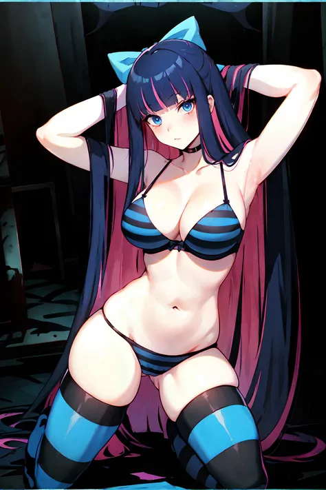 masterpiece, best quality, detailed eyes, vivid color, detailed skin, shiny skin, 1girl, <lora:ArtraccooneeStockingAnarchy_ArtraccooneeStocking:0.8>, stocking_anarchy,
panty & stocking with garterbelt, stocking (psg), 1girl, blue eyes, blue hair, blush, bo...