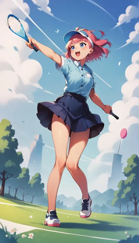 score_9, score_8_up, score_7_up, score_6_up, score_5_up, source_anime, 1girl, solo, pink hair, bangs, smile, open mouth, blue eyes, white visor, light blue polo shirt, skirt, white shoes, playing golf, swinging, outdoors, sky, sunny, on golf course, dynami...