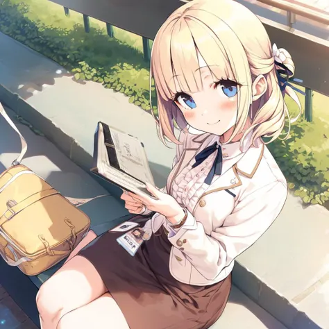 anime girl sitting on a bench reading a book