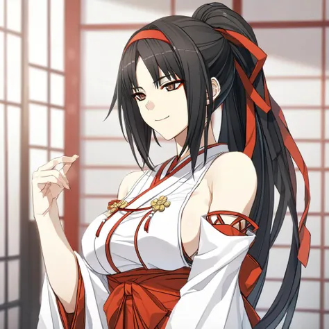 best_quality,masterpiece,<lora:CURA_SDXL_V1:1>,himemiya,1girl,solo,miko,black hair,japanese clothes,smile,long hair,ponytail,detached sleeves,makeup,hairband,red hakama,brown eyes,