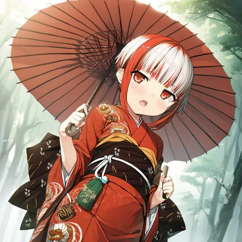 anime girl in kimono outfit holding an umbrella in the woods