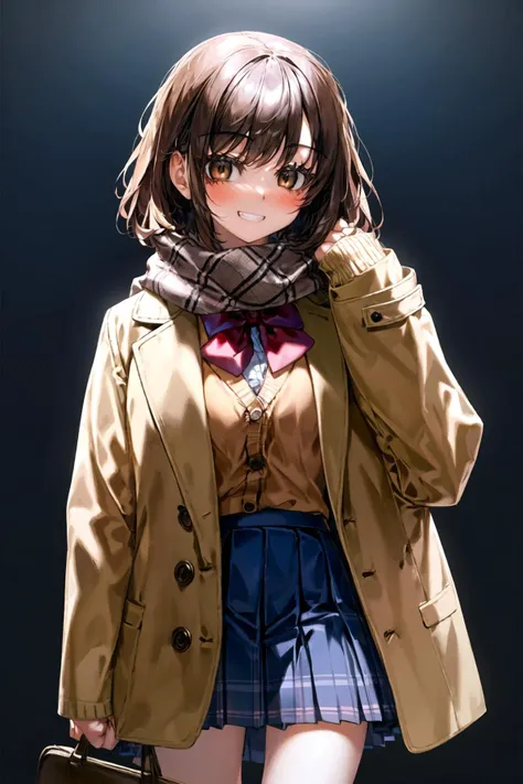 <lora:Quasarcake:1>, 1girl, solo, skirt, scarf, smile, plaid, bangs, bag, snowflakes, blush, cardigan, jacket, bow, bowtie, shirt, buttons, grin, miniskirt, coat, teeth, standing, enpera, brown hair, red scarf, looking at viewer, school uniform, open cloth...