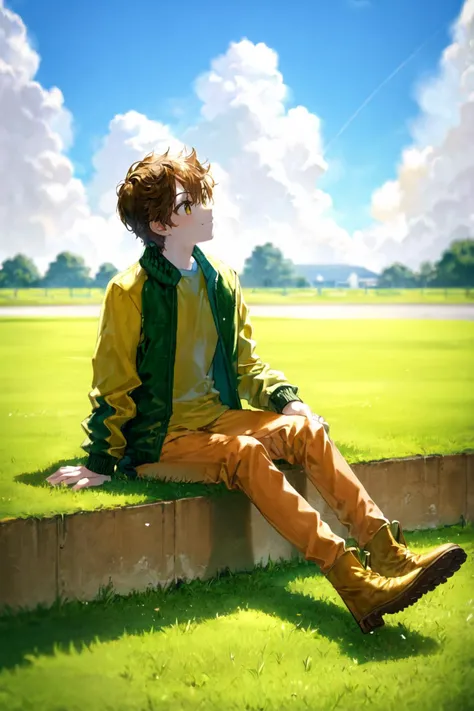 <lora:Quasarcake:1>, outdoors, sky, brown hair, sitting, pants, cloud, grass, jacket, looking up, 1boy, solo, boots, wide shot, green jacket, day, blue sky, yellow footwear, shirt, male focus, long sleeves, brown footwear, orange footwear, plant, smile, sh...