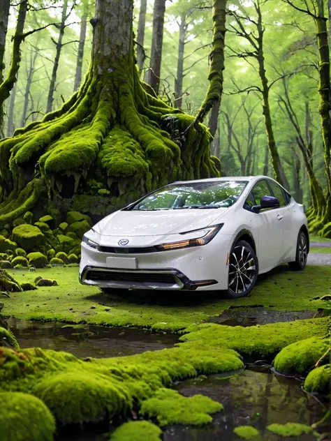 a close up of a white car parked in a forest