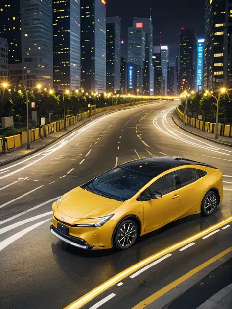 a close up of a yellow car driving down a city street