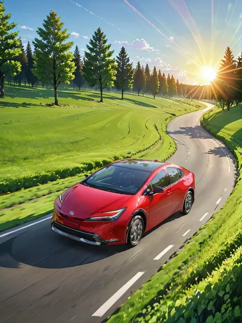 a red toyota prius driving down a country road