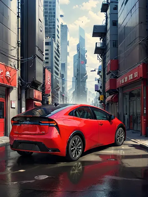 a close up of a red car driving down a city street